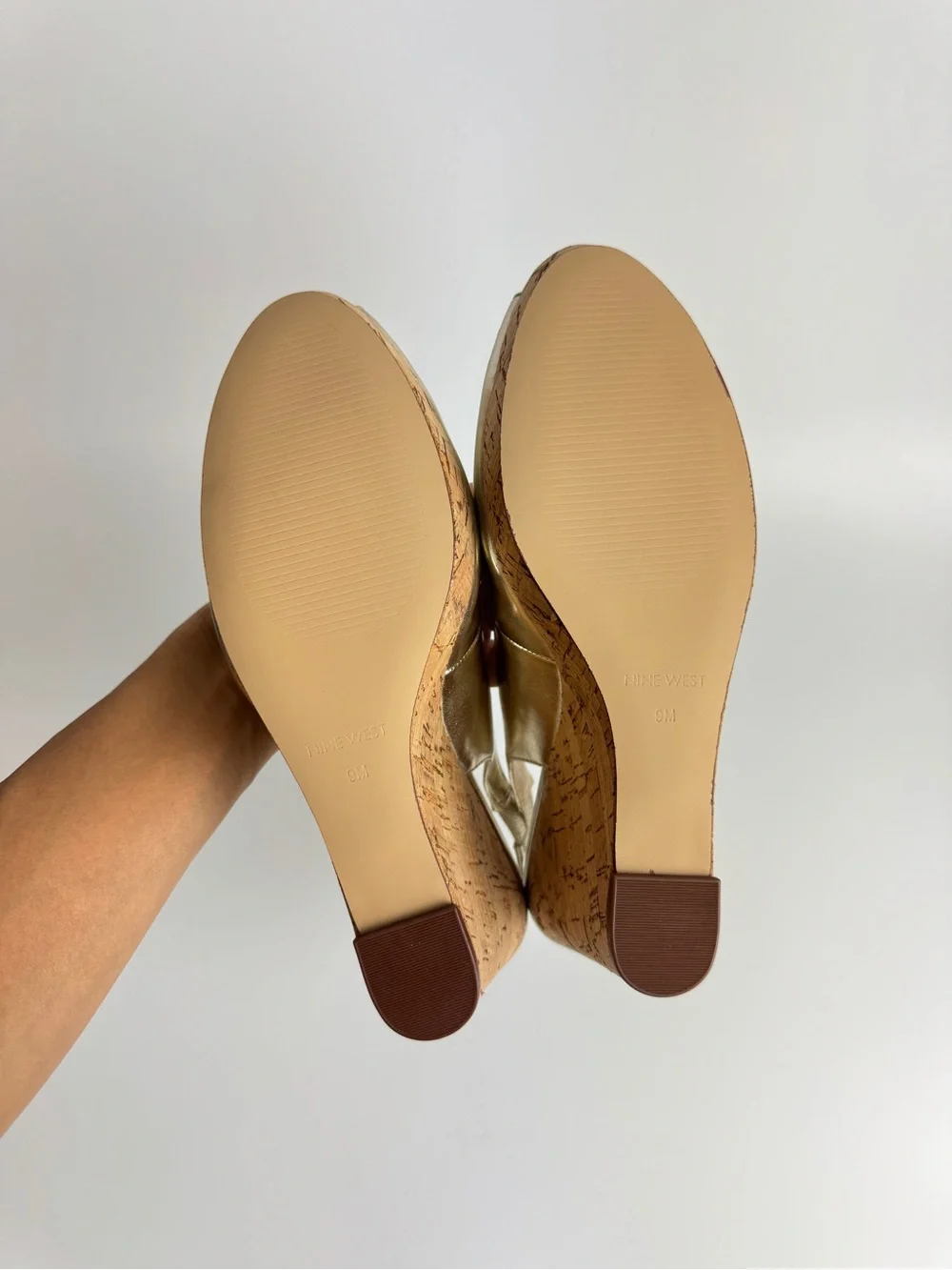 Nine West Gold Metallic Cork Wedge Slingback Peep-Toe Sandals